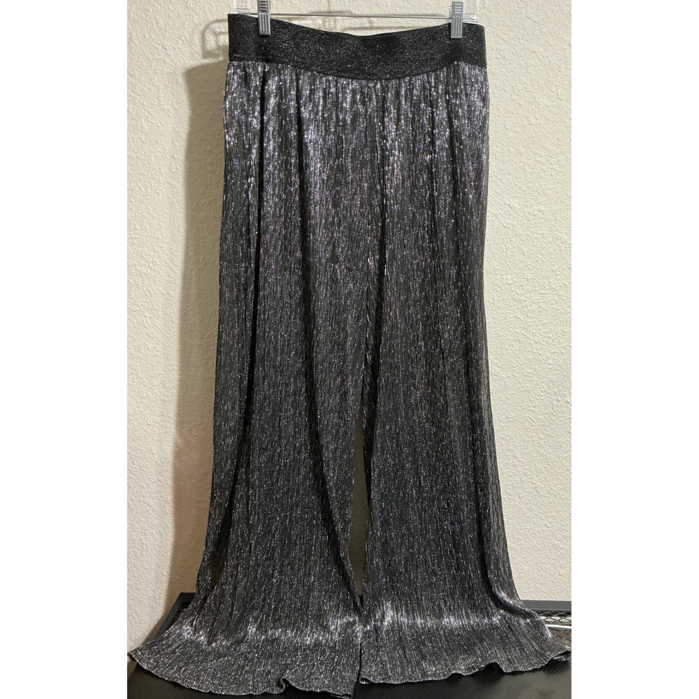 High Waisted L Metallic Silver Black Wide Leg Palazzo Pants Party Holiday